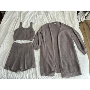 3pc Lounge Set Gray Fuzzy Crop Top High Waisted Shorts and Cardigan